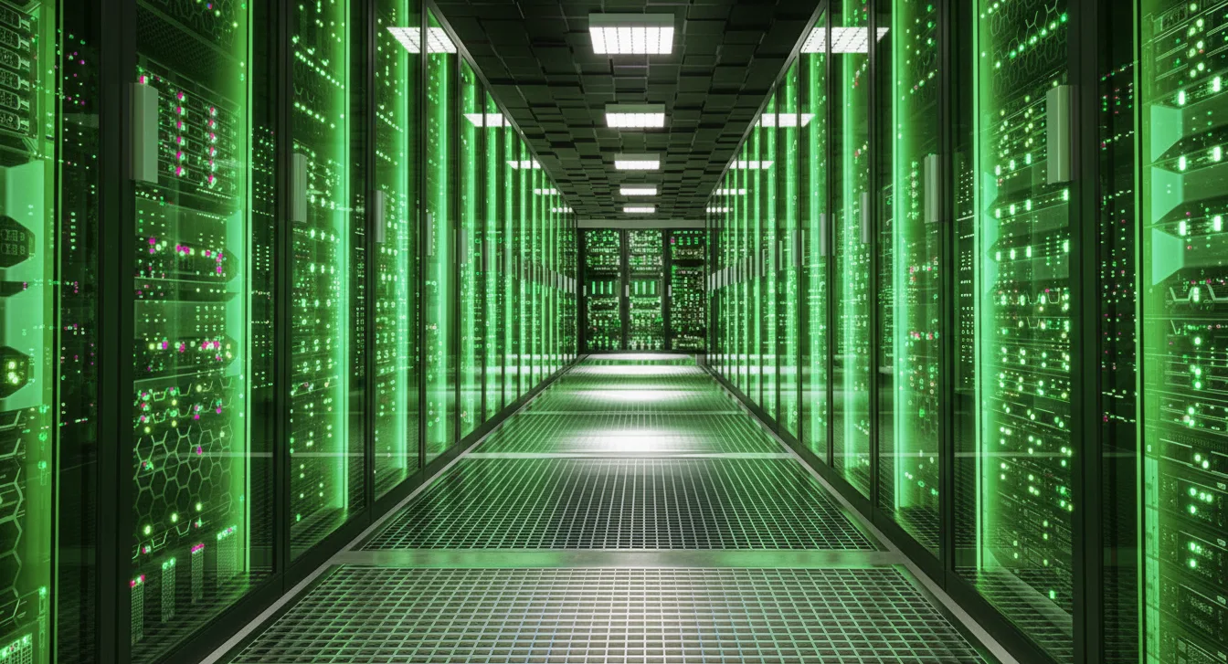 Data center aisle lit in green
