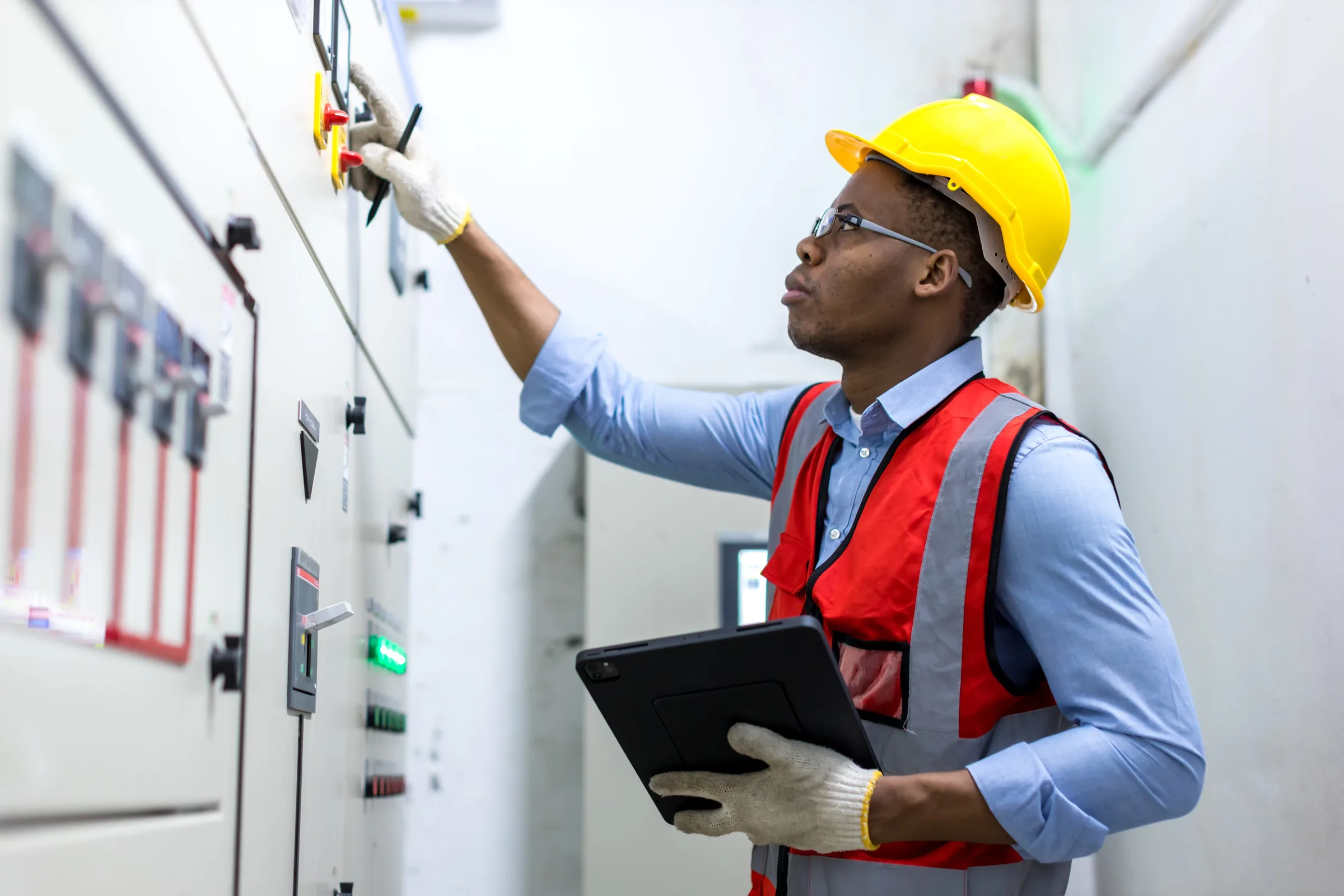 Electrician in a hard hat inspecting a control panel